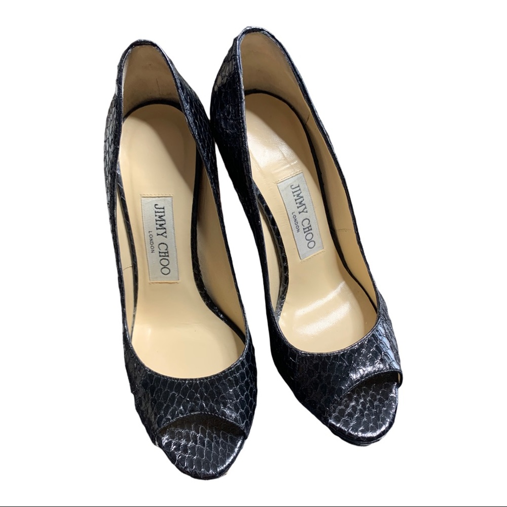 JIMMY CHOO BLACK PYTHON EMBOSSED LEATHER PLATFORM PEEP TOE PUMPS